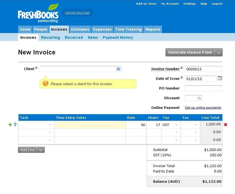 Screenshot of the FreshBooks Invoice page circa 2008