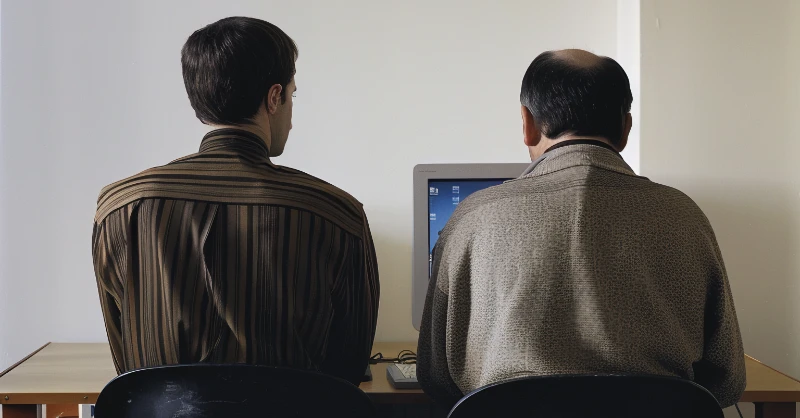 AI-generated image of two male software developers facing a desktop PC